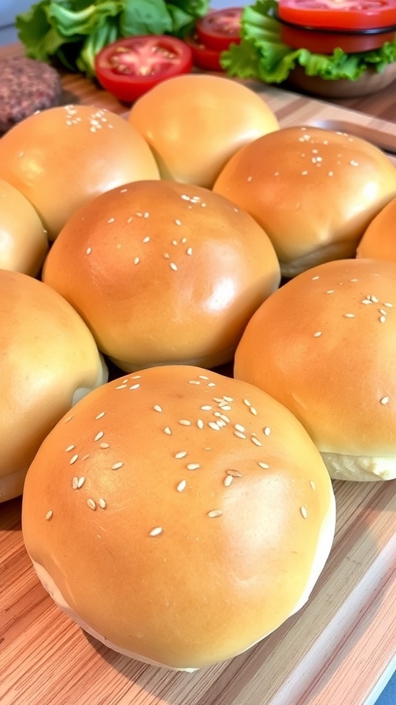 Homemade Hamburger Buns Recipe Freshly baked golden hamburger buns on a cutting board, with sesame seeds on top, surrounded by burger ingredients.